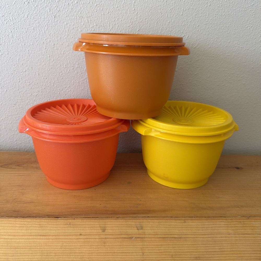 Tupperware Lot - 3 Servalier Bowls w/Lids Harvest Yellow, Orange & Burnt Vintage